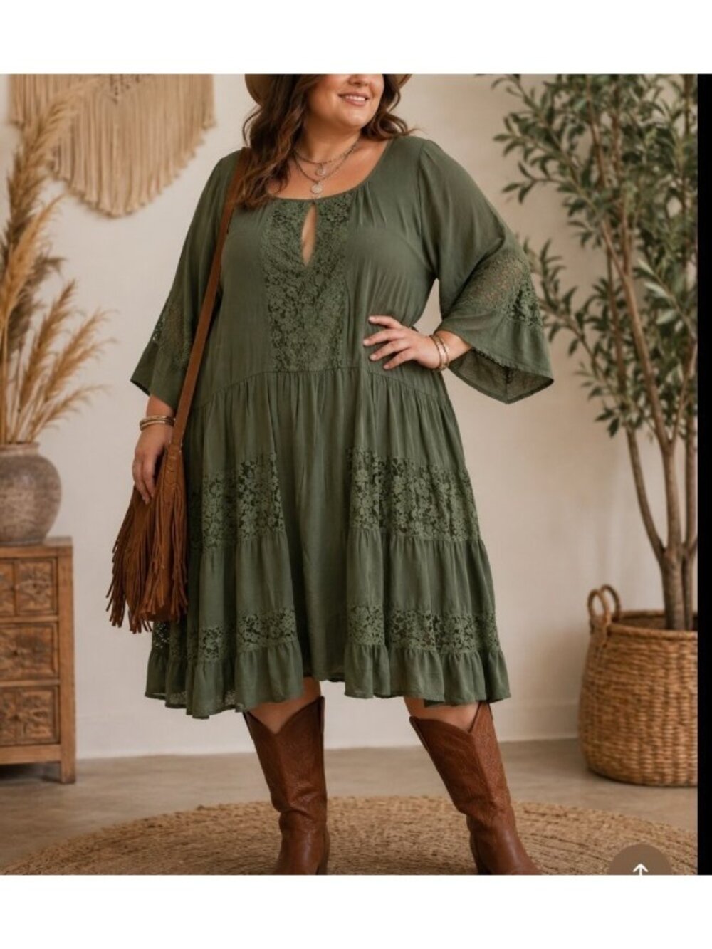 Torrid Boho Lace Trim Dress 4X Olive Green Peasant Flowy 3/4 Bell Sleeve Prairie